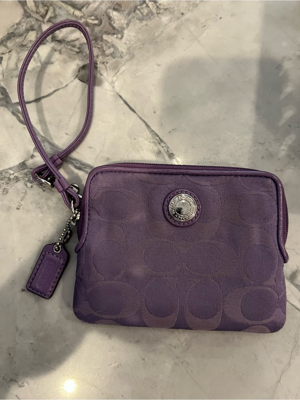 Coach Purple Signature Wristlet Wallet zip round coin purse credit card holder
